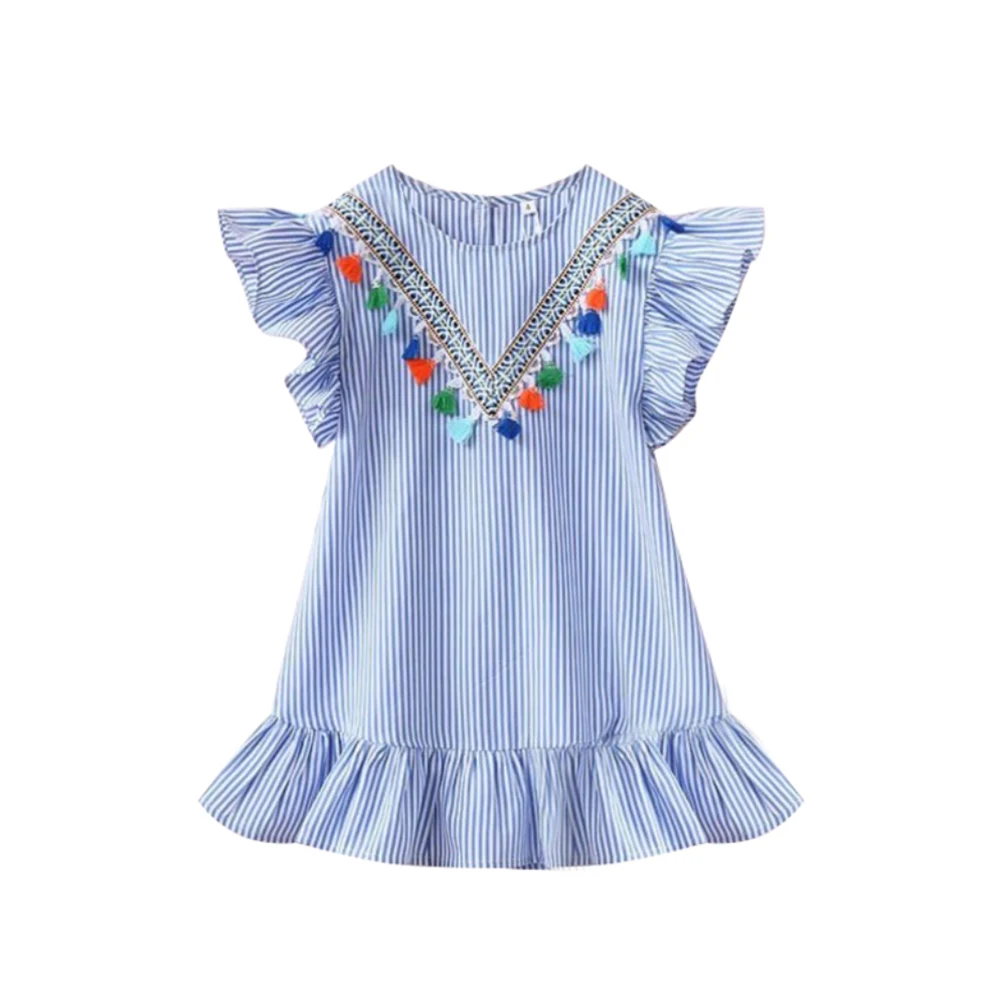 Горячая младенческой маленьких девочек бахромой полосатый кисточки короткий рукав платье принцессы летний гофрированный сарафан малышей хлопок - Цвет: Небесно-голубой