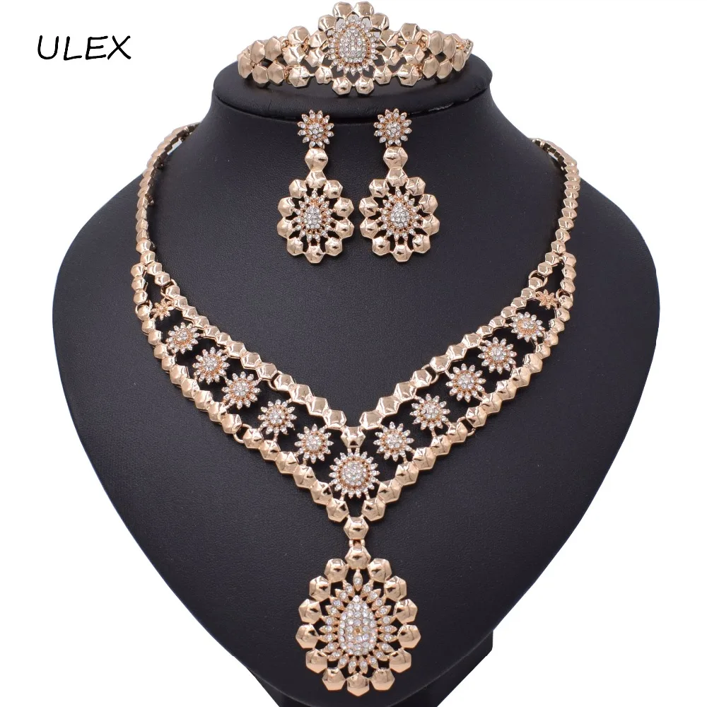 

2019 Wedding Bridal Dubai Gold Jewelry Sets for Women Crystal Necklace Earrings African Beads Jewelry Set Wholesale Design
