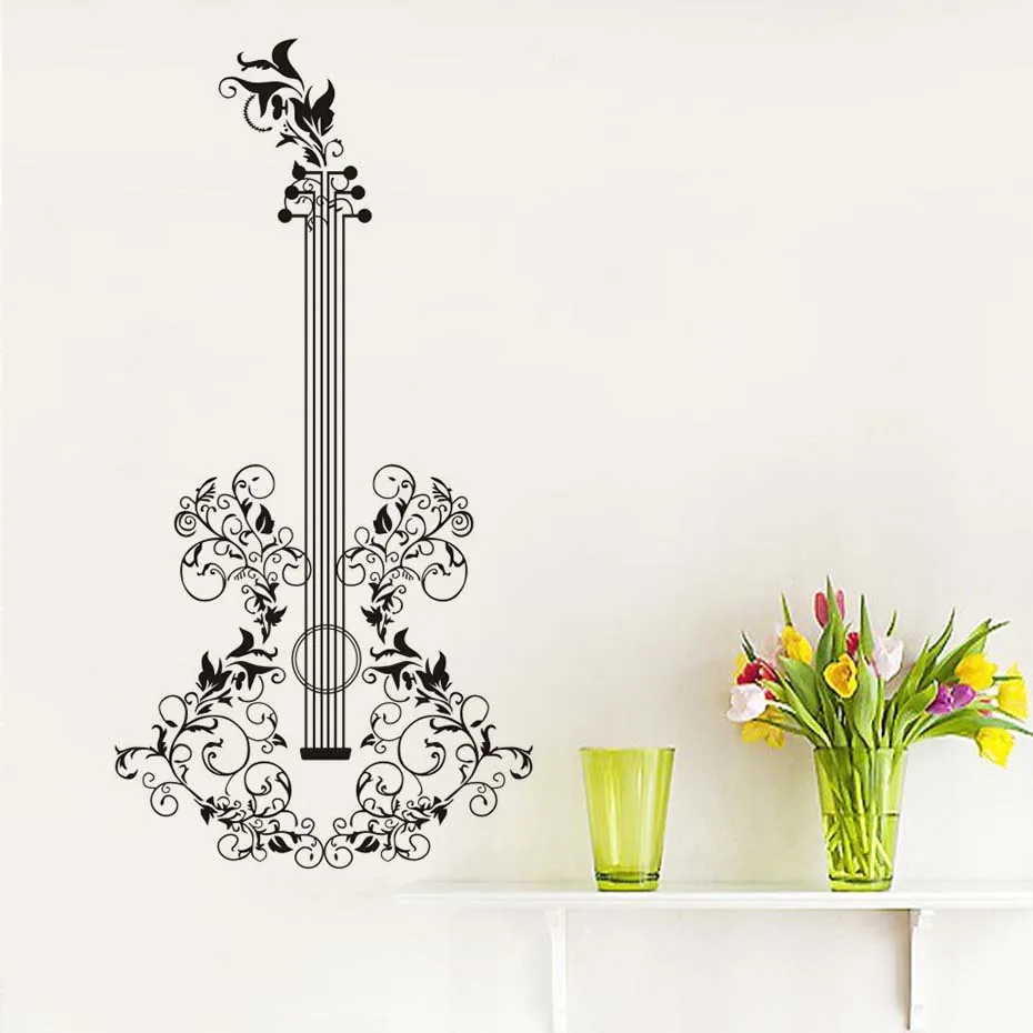 "Floral Art Guitar Wall Stickers Diy Large Size Self Adhesive Wall
