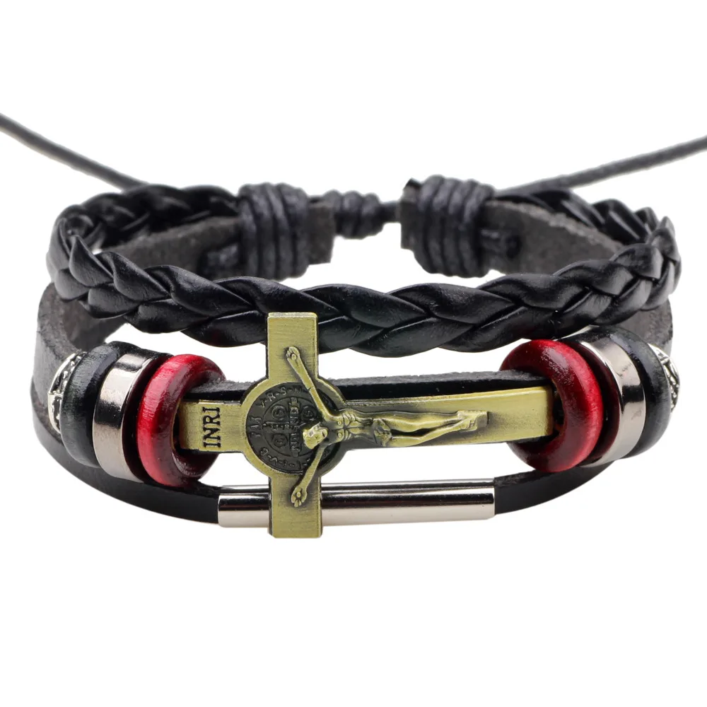 ER Vintage Ethnic Jesus Bracelet Men Handmade Braid Genuine Leather