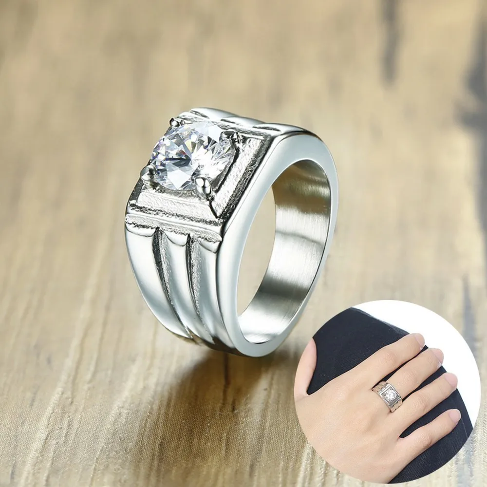 Серебряный тон обручальные кольца с фианитами нержавеющая сталь белый камень хвостовик кольцо для мужчин обручальное кольцо мужские ювелирные изделия