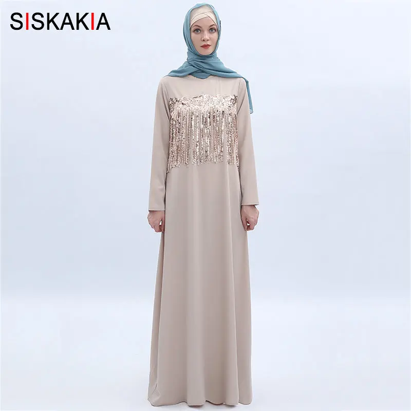 

Siskakia Muslim Long Dress Beige Fashion Tassel Sequins Patchwork Casual Maxi Dresses Long Sleeve Arabian Clothes Summer 2019