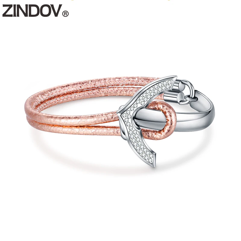 

ZINDOV Purple Anchor Bracelet Leather Women Girls Fashion Jewelry Accessory Crystal Wristband Stainless Steel Bangles Bracelets