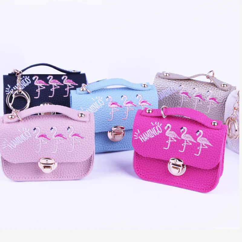 

BONAMIE New Cute Flamingo Embroidery Kids Coin Purse With Lock Pu Leather Lady Small Money Bag Change Coin Bag Wallet For Women
