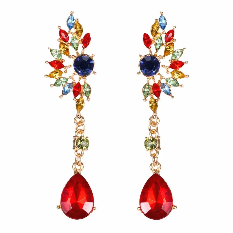 New Female Fashion Jewelry Retro Exquisite Rhinestone Sweet Flower Gem Stone Cubic Zircon Crystal Dangle Earrings for Women