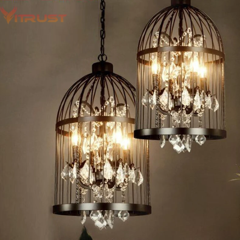 

Cage pendant chandelier lamp American vintage restaurant bird cage crystal chandelier lamp Home Deco E14 Rust/Black pendant lamp