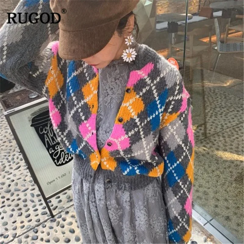 RUGOD الكورية نمط قصيرة بالأزرار المرأة الأزياء الملونة ثقافاتنا طويل كم محبوك سترة بالأزرار الإناث لينة الملابس الدافئة