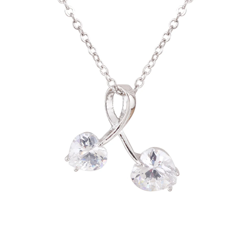 Women Twin Heart Shaped Plated Zircon Pendant Necklace (Silver)in