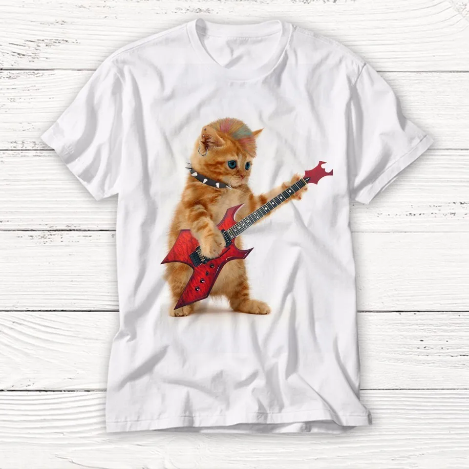 Murah Lucu Batu Kucing Bermain Gitar T Kemeja pria Musim Panas Puncak Lengan Pendek Tee Keren Musik T Shirt Pria