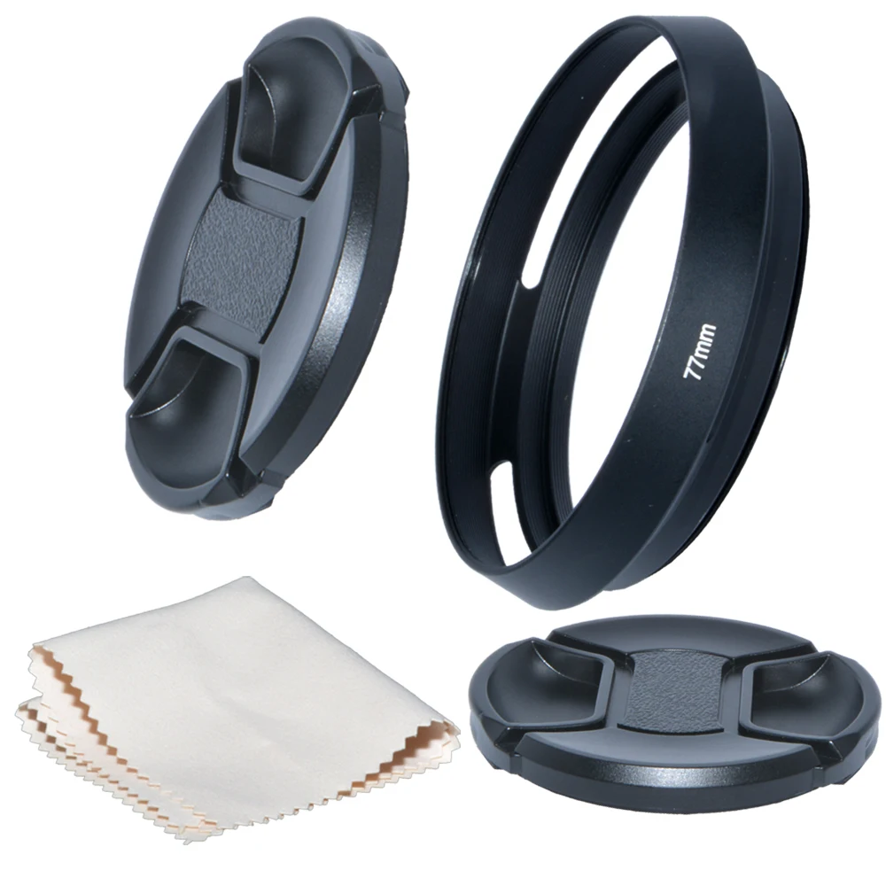 

Just Now 77mm Camera Tilted Vented Metal Lens Hood+Cleaning Cloth+2pcs Lens Cap for Standard Thread Lens for Nikon for Canon