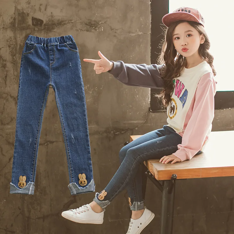

JMFFY Jeans for Girls Spring 2019 Children Clothes Cotton Cowboy Trousers Teenage Elastic Denim Pants Girl 4-15T Kids Toddler