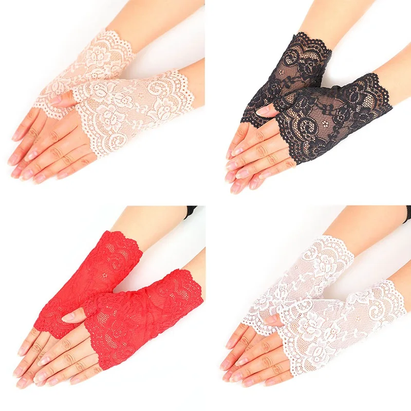 

Womens Sexy Lace Gloves 2019 Winter White Black Ladies Half Finger Fishnet Gloves Heated Mesh Gloves