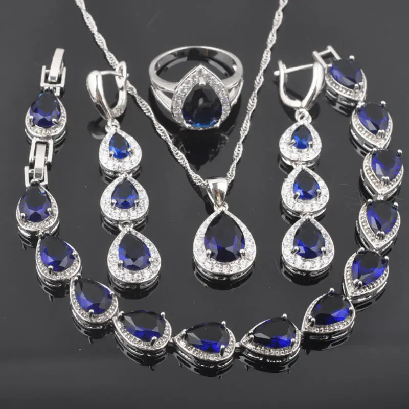 

FAHOYO 925 Sterling Silver Blue Zircon Women Water Drop Design Jewelry Sets Bracelet Necklace Pendant Earrings Ring QS0180