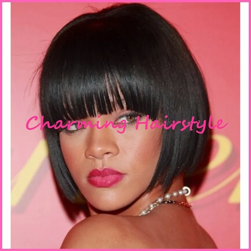 Rihanna Short Female Haircuts Bob Style Natural Black Color Real