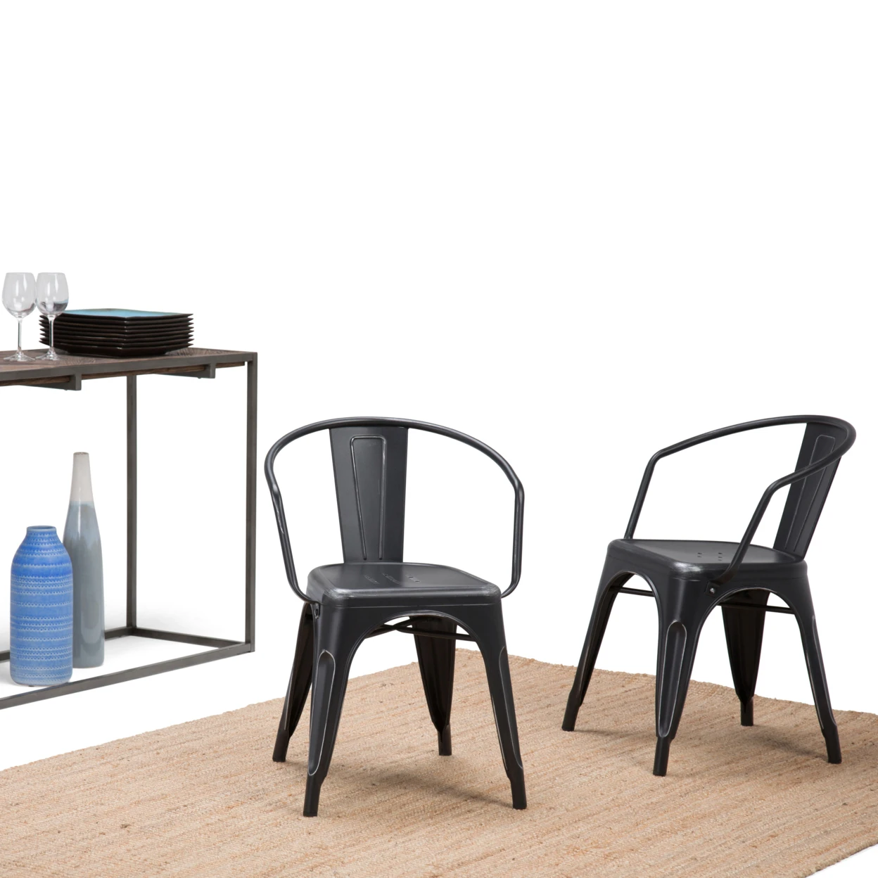 Larkin Metal Dining Arm Chair in Distressed Black and Silver (Set of 2) (1)