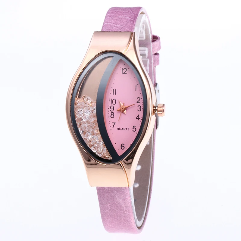 Женские кварцевые часы со стразами эллипса креативные женские часы-браслет модные золотые роскошные кожаные Наручные часы relogio feminino - Цвет: Розовый