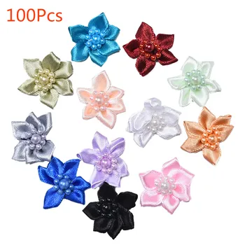 

100Pcs DIY Ribbon Rose Pearl Wedding Flower Satin Decoration Appliques Craft Sewing Leaves Fabric For Cloth Ornament Decor