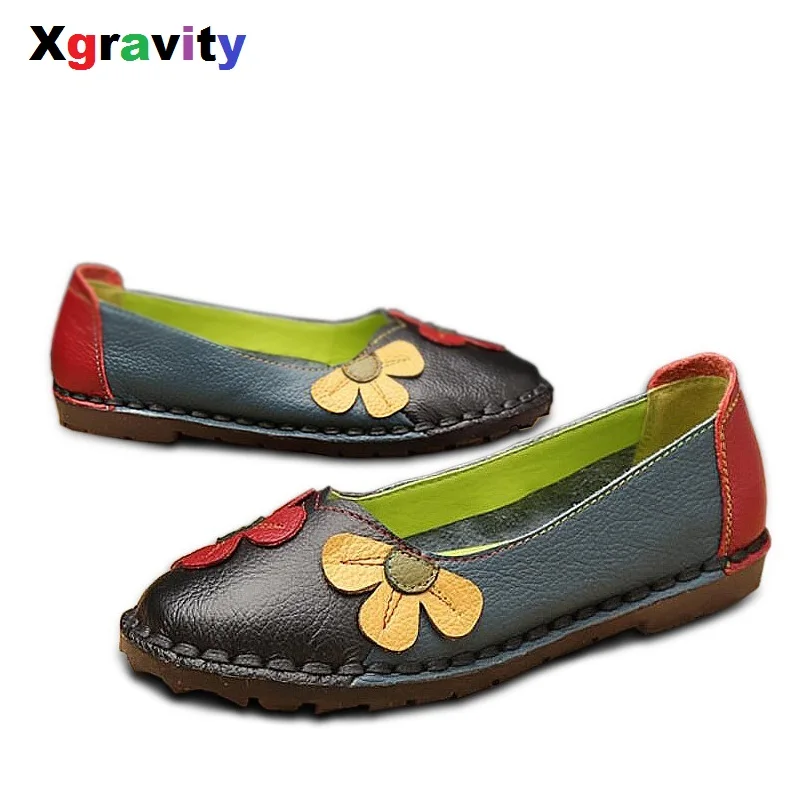 

Xgravity Spring Autumn Handmade Flower Round Toe Cowhide Women's Genuine Leather Shoes Comfortable Soft Lady Flats Shoes D006