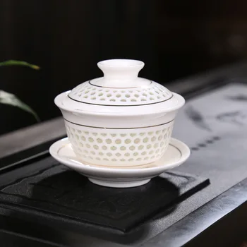 

Hollow-carved Porcelain Gaiwan Ceramic Tureen Tea cup Ceremony for Puer/Pu'erh/white/black/green/Jinxuan/Oolong/green tea cha