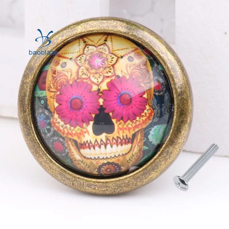 2pcs Vintage Brass Door Cabinet Cupboard Knobs Round Pull Handle Drawer Furniture Hardware - Skull