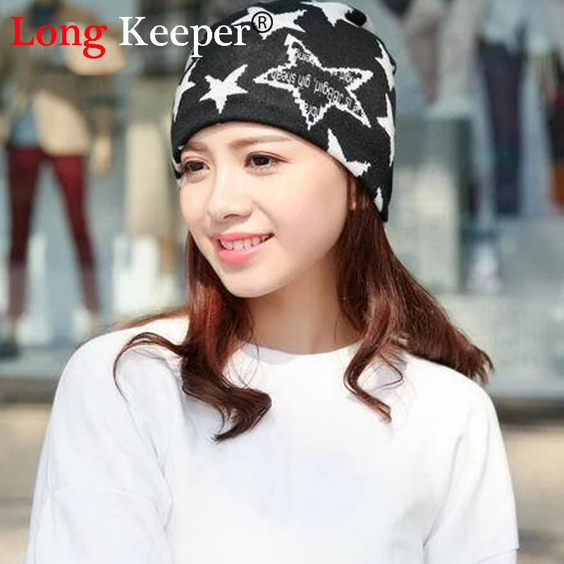 

Long Keeper Fashion New Women Spring&Autumn Causal Solid 3 Color Beanies Star Lettter Pattern Female Wrap Well Delicate Warm Hat