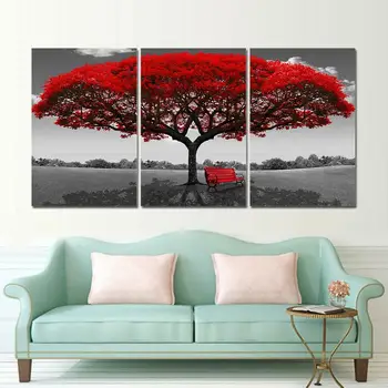 

large wall pictures 3 panel red tree big trees canvas art painting Print framework secenery painting wall art for livingroom