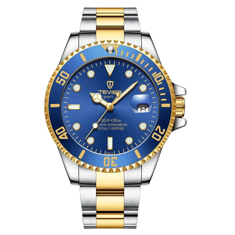 Мужские часы TEVISE кварцевые наручные часы водонепроницаемые спортивные деловые часы с датой Модные Роскошные наручные часы Мужские часы - Цвет: Gold Blue