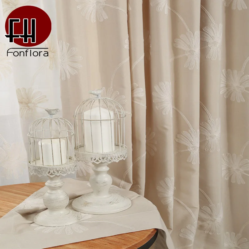 

Thick Khaki Living Room Curtains Embroidered Floral Window Curtains High Quality Insulation Bedroom Blinds Blue Drapes Panel