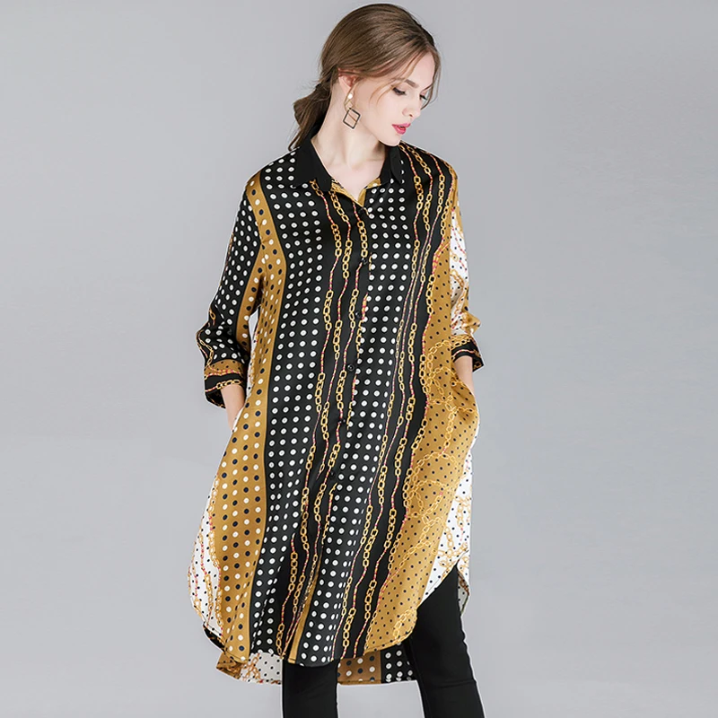 

2019 spring fashion print long blouse plus size European American design asymmetrical women loose long shirt