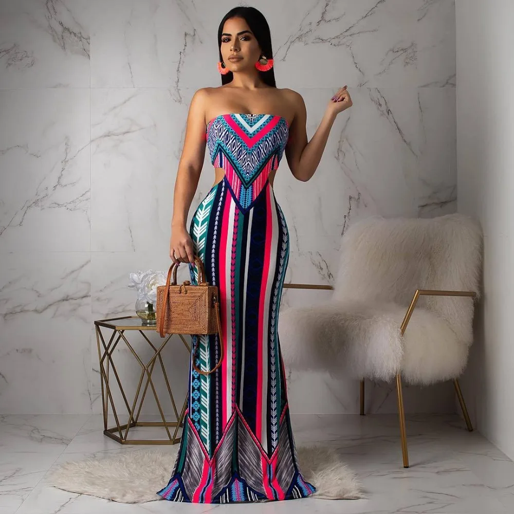 

Long Dress 2019 Summer Dress New Women Sexy Strapless Slim Beach Holiday Dresses Elegant Color Floral Print Dresses XXL