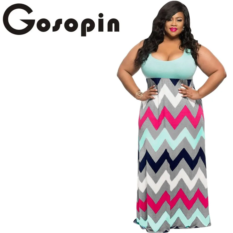 Gosopin Sexy Ladies Plus Size Light Blue Top Multicolor Zigzag Maxi Dress Vestidos Feminino Casual Party