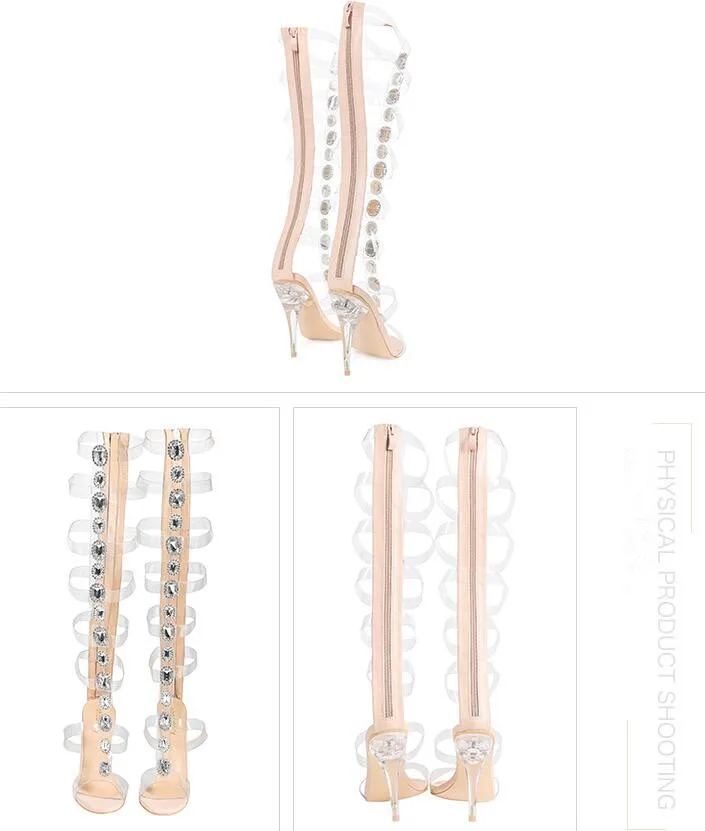 Пикантные прозрачные сандалии-гладиаторы из пвх; женская обувь с открытым носком и Т-образным ремешком; стразы; Прозрачный каблук; женские летние высокие сапоги