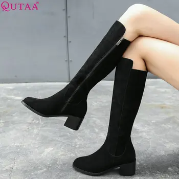 

QUTAA 2019 Women Boots Women Knee High Boots Zipper All Match Elegant Cow Suede Square High Heel Women shoes Big Size 34-40