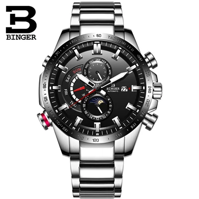 Часы мужские швейцарские Бингер люксовый бренд Мужские часы автоматические механические мужские часы сапфировые водонепроницаемые энергетический дисплей BS03-2 - Цвет: Sliver black B8-1-1
