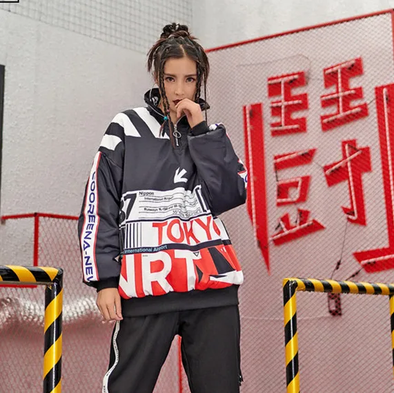 

2019 New Winter Womens Parkas Coat Funny Racing Letter Turtleneck Black White Patchwork Pullover Coats Jackets Streetwear