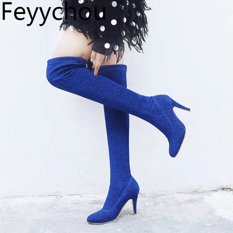 

Women Boots Autumn Winter Warm Super High Heel Over The Knee Pointed Toe Slip on Sequined Cloth 2019 Sexy New Fashion Black Red