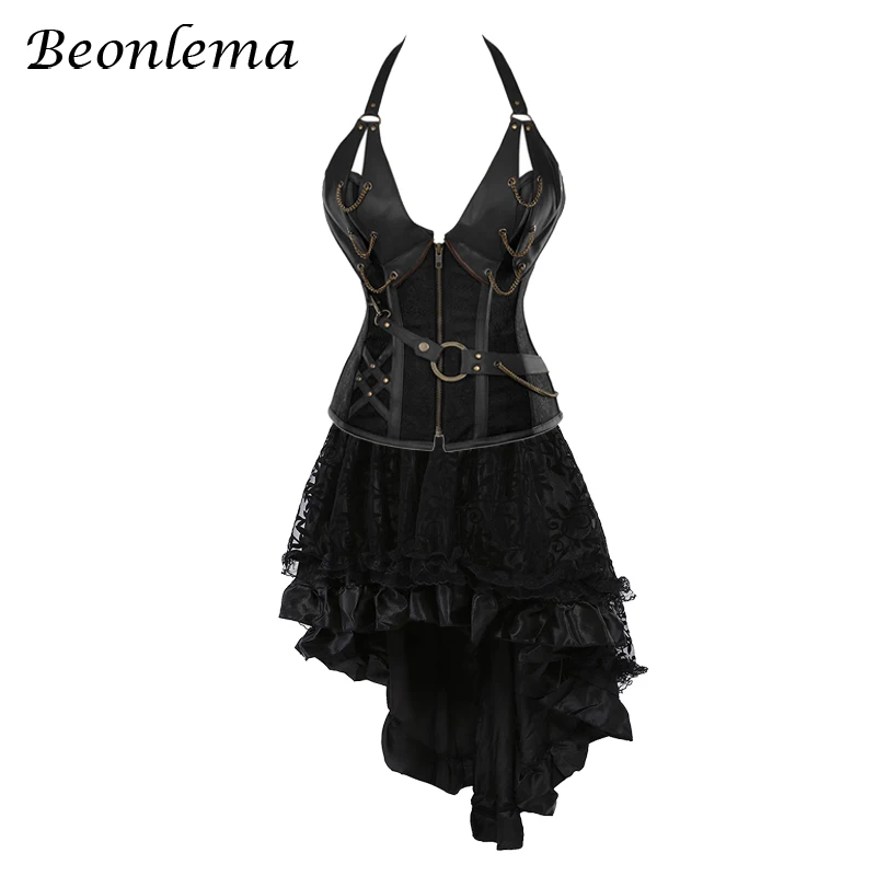 Beonlema женское корсетное платье корсет из искусственной кожи Топ сетка юбка пачка стимпанк корсет Набор Черный готический Корсе размера плюс S-6XL - Цвет: Черный