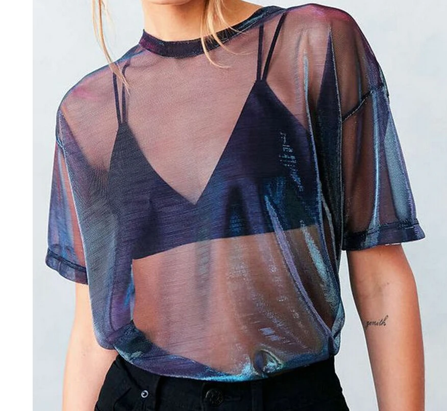 Летняя Прозрачная женская футболка B-ling, короткий рукав, сетчатый топ, вечерние футболки, повседневная свободная модная футболка для женщин, S-XL - Цвет: As The Picture