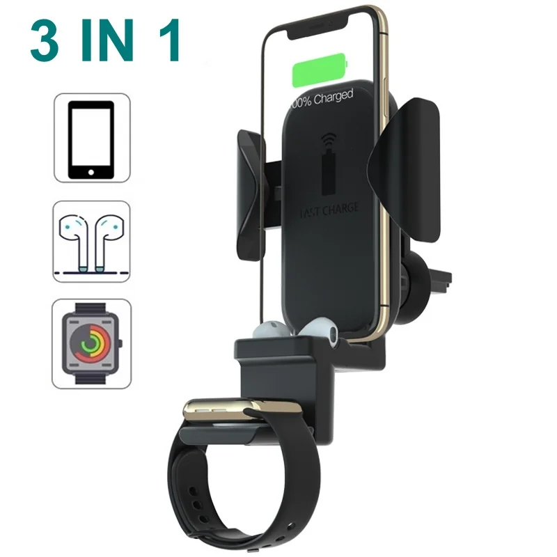 

New 3 In 1 Car Holder 10W Qi Wireless Charger For Iphone 8 X XS Fast Wireless Charger For Apple Watch Samsung Air Xiaomi Pods