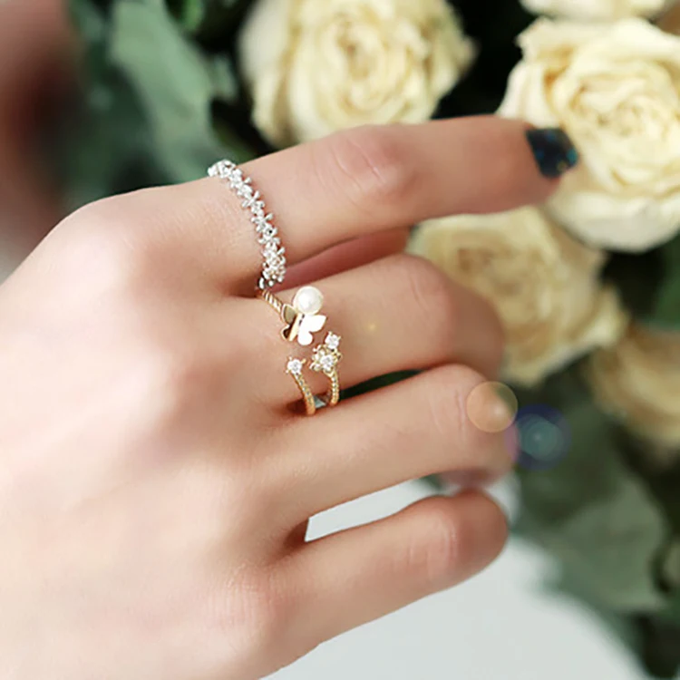 Регулируемое кольцо с бабочкой, имитация жемчуга, микро циркон для женщин, модные кольца, ювелирные изделия, ювелирные изделия для женщин, корейские подарки для девушек
