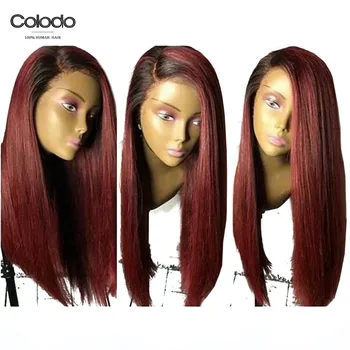 

COLODO 99j Lace Front Wig Natural Color Brazilian Remy Straight Hair 150% Density Glueless Ombre Blue Wigs For black Women