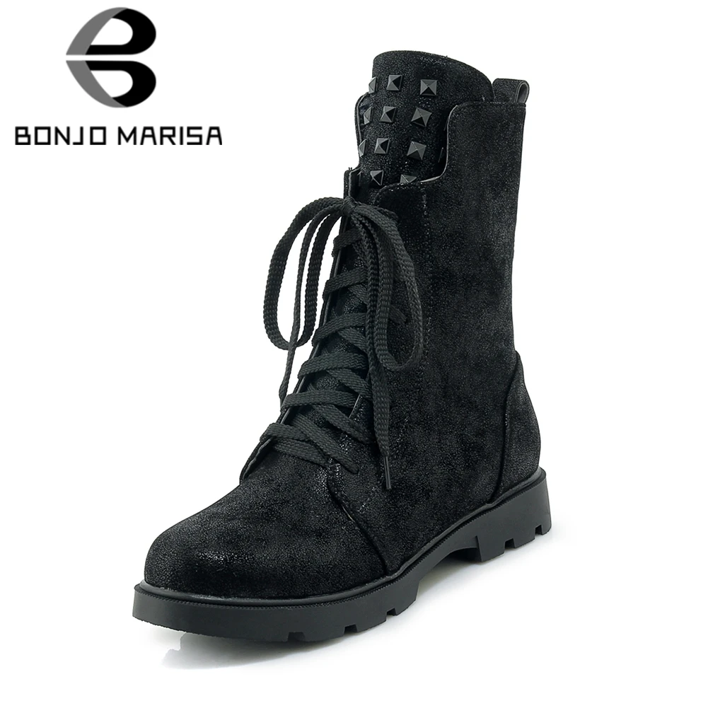 

BONJOMARISA 2019 Autumn New Arrival Large Size 34-43 Fashion Punk lace-up Ankle Boots Women Rivet Low Heels Shoes Woman