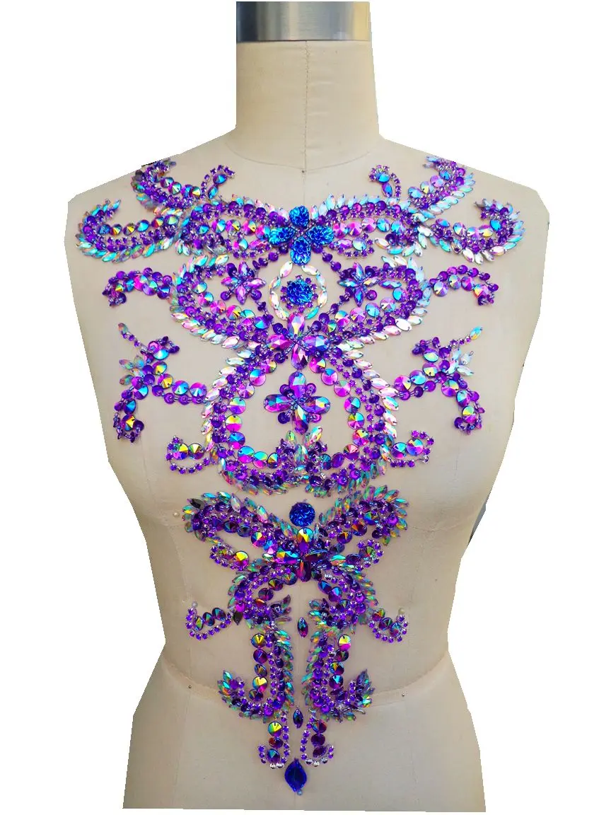 

A301-3 hand made purple/clear AB colour sew on Rhinestones applique crystal patches trim 46*30cm for dress accessory