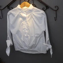 Весна и осень новая женская рубашка с длинными рукавами для девочек манжеты лук воротник Одноцветный полосатый рубашка