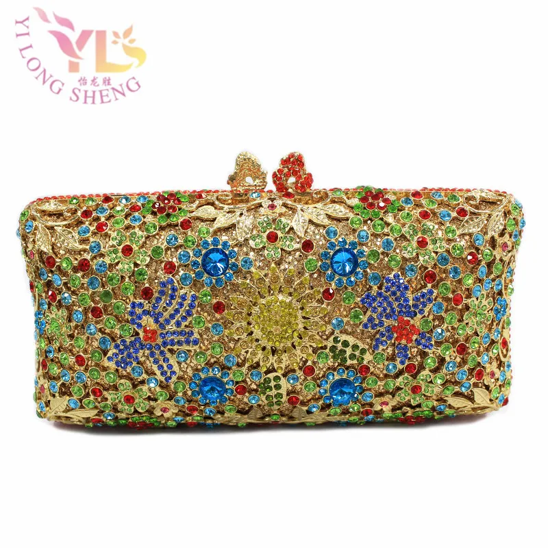 

Women Flower Hollow Out Crystal Evening Metal Clutches Small Minaudiere Handbag Wedding Clutch Gift Box Packed YLS-F45
