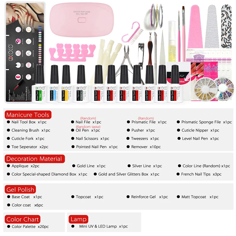 

GDCOCO home nail gel polish tools 66pcs/set led gel nail brush paint gel lamp nail art decoration rhinestones wheel full set