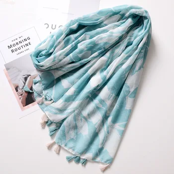 

Guttavalli Women Fresh Tassels Long Shawl Female Geometric Stripe Wrap Summer Chevron Sunscreen Bohemia Leaf Plant Print Scarves