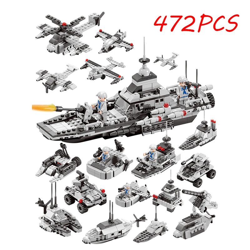 

472Pcs Military 6 in1 Warship Tank Aircraft With Figures Building Blocks Army War Toy Constructor Compatible LegoING Toy For Kid