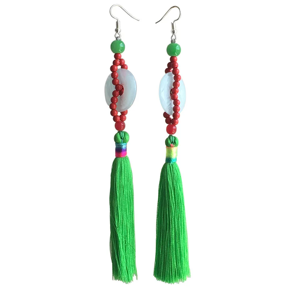 Ethnic Jewelry Resin Peace Button Long Green Thread Tassels Earrings Fashion Glass Beads Dangle Earring Women Accessories | Украшения и