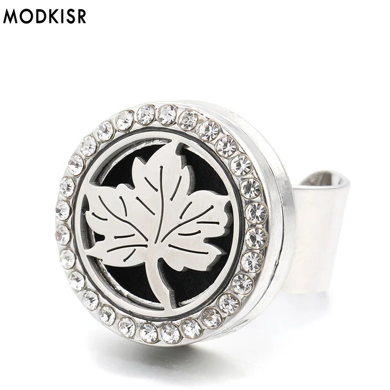 

MODKISR Wholesale Stainless Steel Maple Leaves 25mm Aromatherapy Essential Oil Diffuser Women Rings Jewelry Wild Female Ring